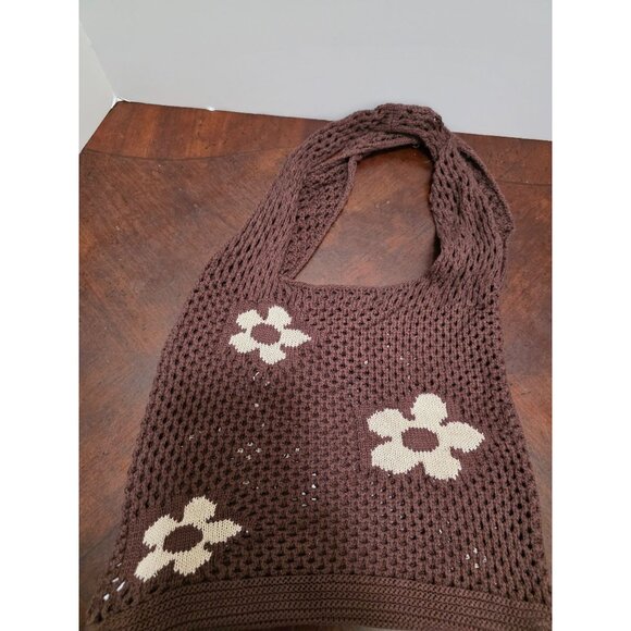 Urban Outfitters Crochet Brown Mesh Shoulder Bag Cream Floral Pattern Size M - Picture 4 of 9